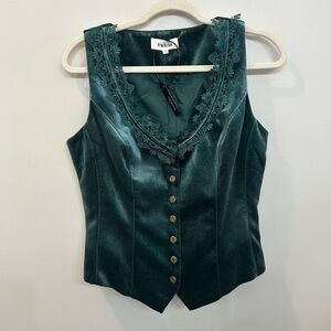 FuTario Velvet Vest Vintage Sleeveless Lace Neck Green With Gold Buttons Size L